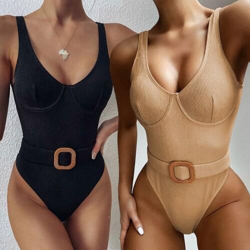 New Sexy Scoop Neck One Piece Swimsuit Women Belt Bandage Monokini High Waist Bathing Suit Bikinis Swimwear Bodysuit Beach Wear
