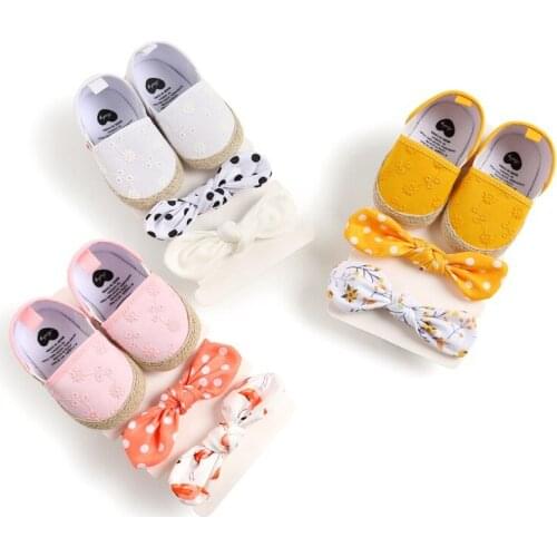 Autumn Fall Baby Girls Non-slip Soft Soled Toddler Shoes + Sweet Hair Accessories Sets Infant Leather Crib Shoes For 0-18M
