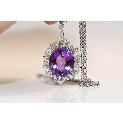18K GOLD NATURAL BAGUET DIAMOND AND AMETHYST STONE DECORATED STRONG NECKLACE