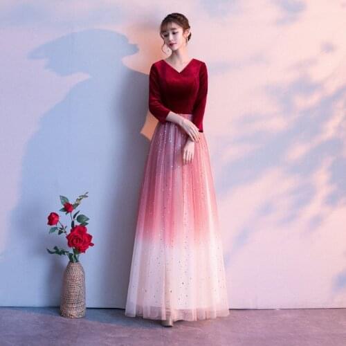 Sequins Elegant V-Neck Evening Dress Empire A-Line Zipper Back Three Quarter Sleeves Floor-Length Woman Formal Party Gowns A1303