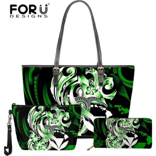Polynesian Hawaii Plumeria Tote Set Samoan Tribal Turtle Design Leather Shoulder Bag Purses Fashion Travel Handbag Organizer