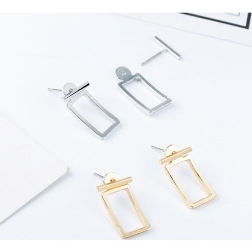 Hollow Rectangle Silver Plated Golden Metallic Stick Geometric Stud Earrings for Women