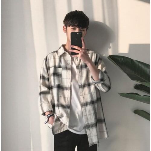 Male Loose Vintage Oversized Shirt Clothing Men Hip Hop Plaid Shirts 2021 Male Korean Fashion Streetwear White Shirt