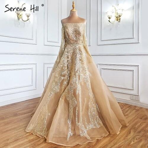Serene Hill Gold A-Line Sexy Evening Dresses Gowns 2021 Beaded Off Shoulder For Woman Wedding Party LA71305