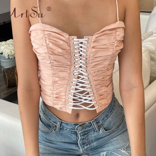 ArtSu Y2K Sweet Girls Kawaii Pink Summer Crop Top Tees Slash Neck Hollow Out Sexy Lace Up Tank Tops Woman Slim Club Party Top