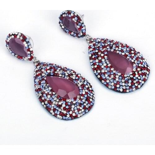 Vintage Purple Water Drop Opal Stone Pendant Charm Pave Colorfull Rhinestone Beads Studs Top Drop Dangle Big Earrings For Women