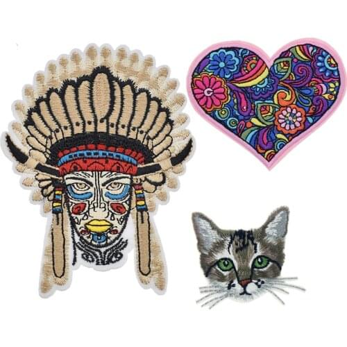 Heart Floral Pattern cat Embroidery Indian Chief Patch For Clothing Iron On Patch For Clothes Applique Clothing Decoration