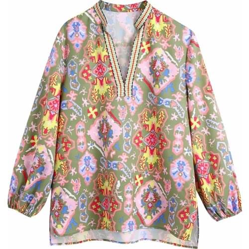 YVYVLOLO Women Vintage V Neck Embroidery Patchwork Totem Floral Print Blouse Femme Kimono Side Split Shirt Chic Blusas Tops