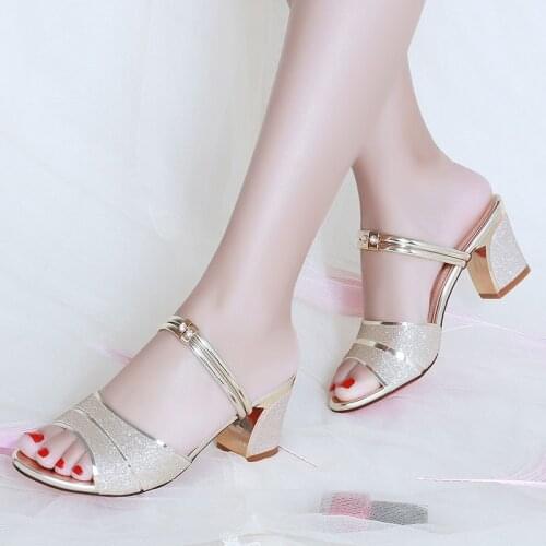 Women Slippers 2021 Summer Shoes Woman Sandals Silver Wedding Shoes Bling Slides Square Heeled Slipper Gold Sandalias Mujer