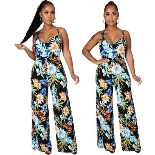 Womens Jumpsuit Suspenders Flowers Printed Straight Trousers Wide-Leg Pants Urban Leisure Vacation Summer 2021 New