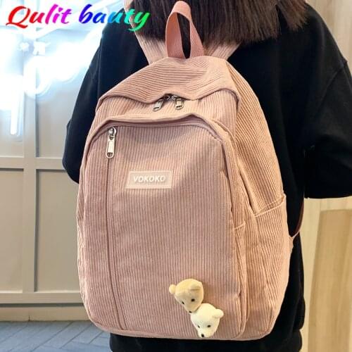 Womens Backpack Cute Striped Corduroy School Bag Backpacks for School Teenagers Girls Harajuku Female Fashion Student Book Pack
