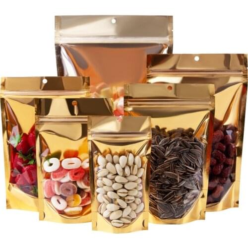 1000Pcs Gold Aluminum Foil Stand Up Bag with Hang Hole Tear Notch ZipLock Waterproof Food Candy Coffee Storage Packaging Pouches