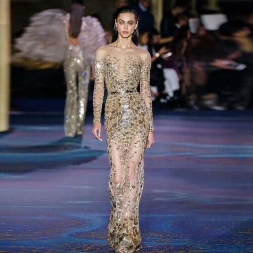2019 Latest Fashion Week Runway Dress Sexy Nude Sheer Mesh Long Dress Luxury Celebrity Evening Party Dresses Sequin Maxi Vestido