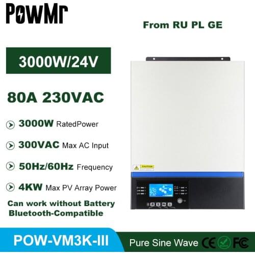 3KW Inverter With USB Bluetooth PV Input 230Vac 24V MPPT 80A Charge Solar LCD Control Support Mobile Monitoring Hybrid Inverter
