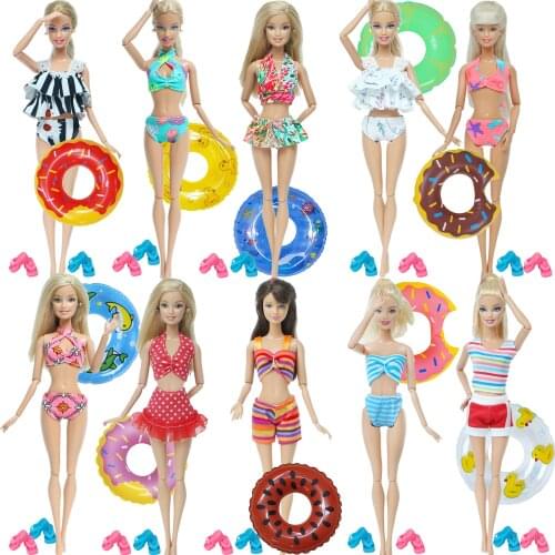 7 Pcs/Set Doll Swimsuit Bikini + 1x Random Swim Ring + 5x Mixed Pink Blue Slippers Shoes Clothes for Barbie Doll Accessories Toy