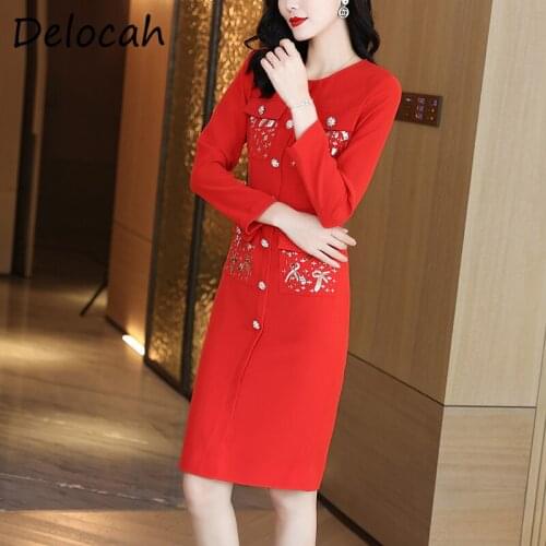 Delocah New 2021 Autumn Women Fashion Designer Pencil Dress Long Sleeve Gorgeous Sequined Pockets Elegant Ladies Dress Vestidos