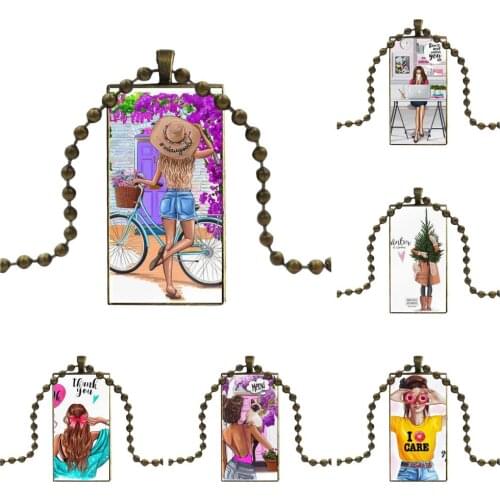 Design Fashion Vintage Glass Women Rectangle Necklace Pendants For Women Men Fashion Black Brown Hair Baby Mom Girl Queen Phones