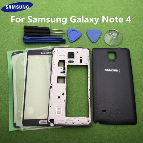 For Samsung Galaxy Note 4 N910 N910F N910A N910C Full Housing Case Bezel Middle Frame Back Cover + Front Glass Lens Sticker Tool