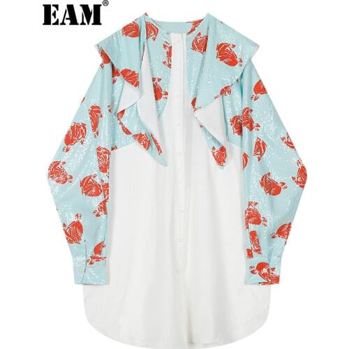 [EAM] Women Sequins Pattern Printed Irregular Big Size Dress New Sailor Collar Long Sleeve Fashion Spring Autumn 2021 1DD4246