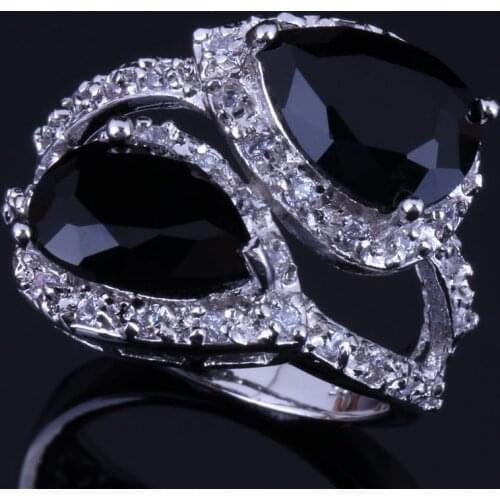 Fantastic Pear Black Cubic Zirconia White CZ Silver Plated Ring V0470