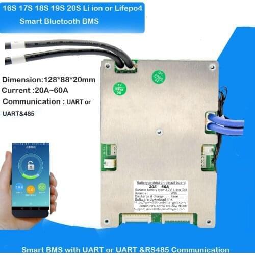 16S 48V 17s 18s 19s 20s 72V Smart Bluetooth BMS with 30A 40A 50A 60A Constant Current and UART RS485 Communication