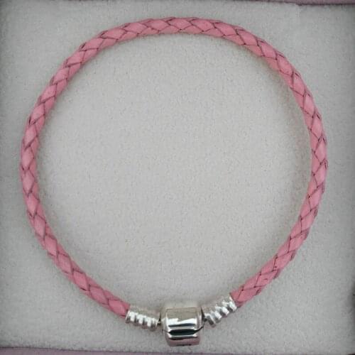 Fine jewelry pink Leather Bracelets With 925 sterling silver Clasp Free Shipping For European Brand Charms beads DIY PL003