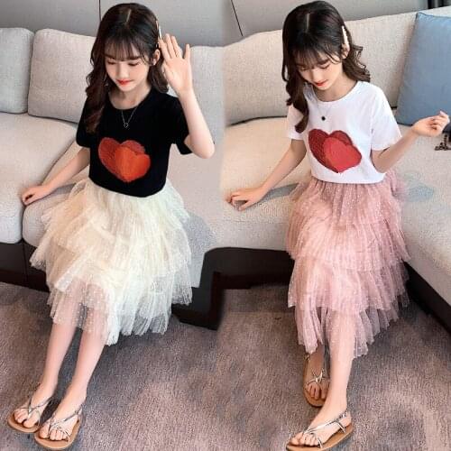Girls Sets Summer 2 Pcs Suit Kids Heart Print T-Shirt Mesh Skirts Clothes Set Kids Girl Children Clothing Suit 6 8 10 12 14Yrs