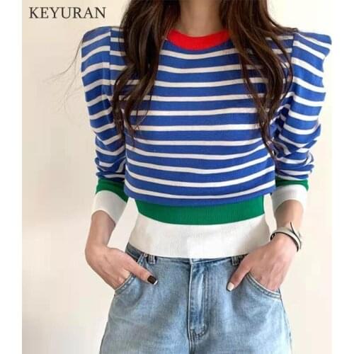 Korean Striped Color-blocked Knitted Sweaters Pullovers 2021 Autumn Winter Long Sleeve O-neck Tops Casual Fashion Ladies Jumpers
