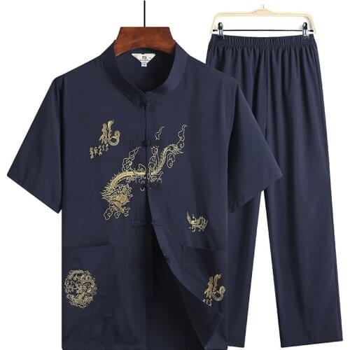 Chinese Tang Suit 2021 Summer Chinese Style Embroidery Traditional Thin Mens Cotton and Linen Multicolor Short-Sleeved Suit