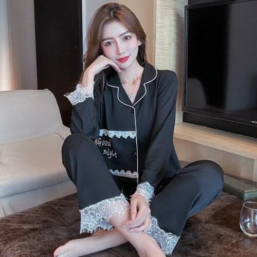 Sweet Loose Spring Summer Pajamas Women Lace Milk Silk Sleepwear Set Lapel Temperament Nightwear Female Pyjamas New Pijama Suit