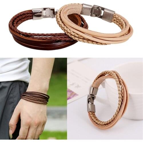 New Arrival Punk Vintage Multilayer Alloy Cuff Brown Genuine Men Leather Bracelets For Women Men Fashion Jewelry Accessories