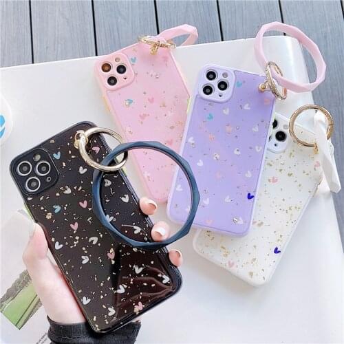 Girl Fashion Cute Bling Love Heart Bracelet Big Circle Hand Ring Gold Foil Case Cover For iphone X XR XS 11 Pro MAX 7 8 Plus SE