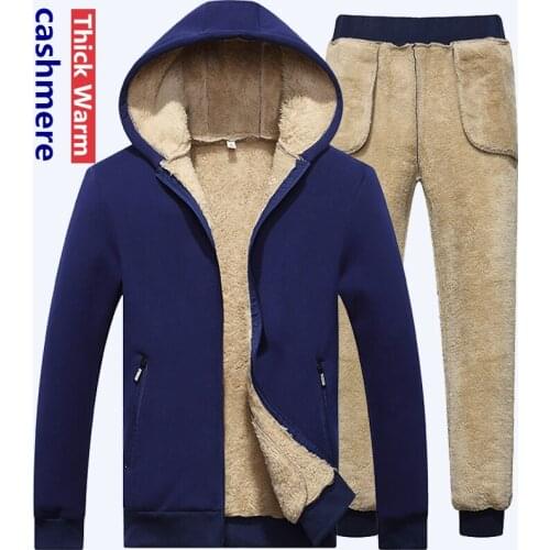 Thick Warm Winter Lamb cashmere Tracksuit men Hooded Men Sportswear Sets Tracksuit Men Suit Hoodies Sweatshirt + Sweatpants mens