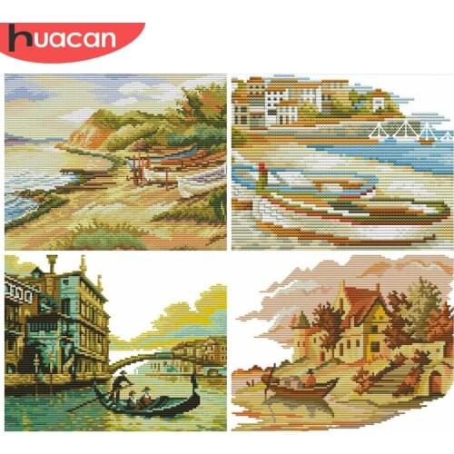 HUACAN Cross Stitch Seascape Kits Needlework 11CT 14CT DIY Gift White Canvas Home Decoration Embroidery Boat Sets