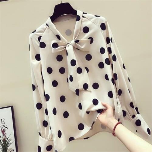 2021 New Vintage Women Polka Dot Blouse Elegant Autumn Lady Bow Tie Chiffon Blousas Shirt Bottomings Pullovers Basic Tops WZ1411