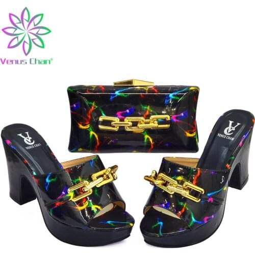 2021 Christmas New Design Nigerian Party Shoes Matching Bag in Black Color Decorate with Rhinestone for Italian Royal Party