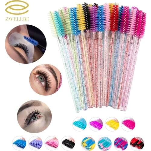 Zwellbe Good Quality Disposable 50 Pcs/Pack Crystal Eyelash Makeup Brush Diamond Handle Mascara Wands Eyelash Extension Tool
