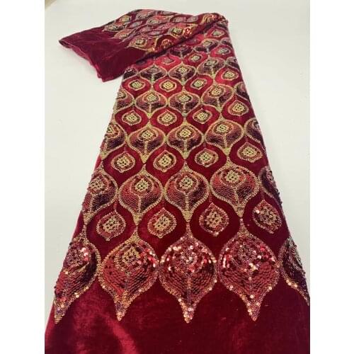 Wine Luxury African French Sequin Velvet Lace Fabric 2021 Nigerian Glitter Sequence Lace Fabric For Women Party Dress