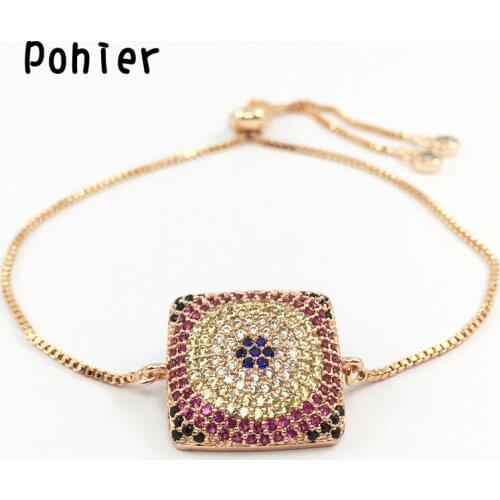 Rose Gold Color 18*18mm S Turkey Evil Eye Hamsa Fatima Hand Charms for Women Adjustable Bracelets CZ jewelry