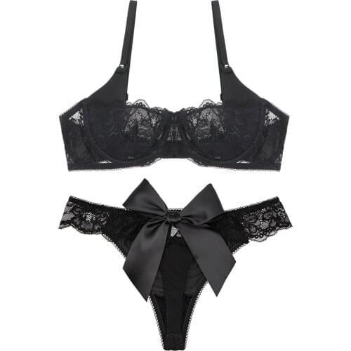 Sexy ladies thong bra set black half cup of lace push up plump bra underwear comfortable lingerie bra+thong 2pcs/pack Ningsige