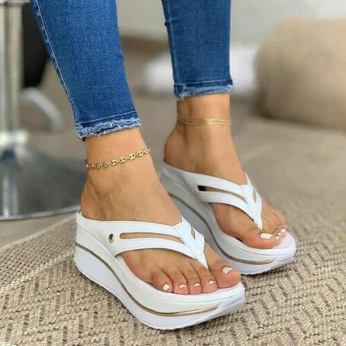 2021 New Women Slope Heel Platform Sandals High Heels Wedges Flip Flops Lady Solid Color Summer Fashion Hollow Outdoor Slippers