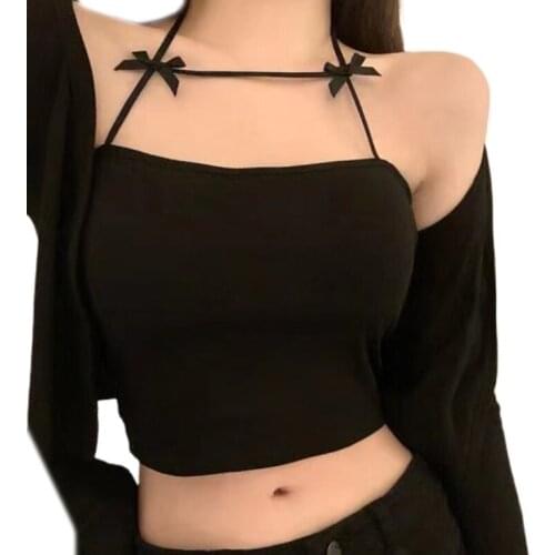 Women Summer Sexy Halter Backless Camisole Crop Top Sweet Double Bowknot Bandeau Bralette Solid Color Basic Slim Vest