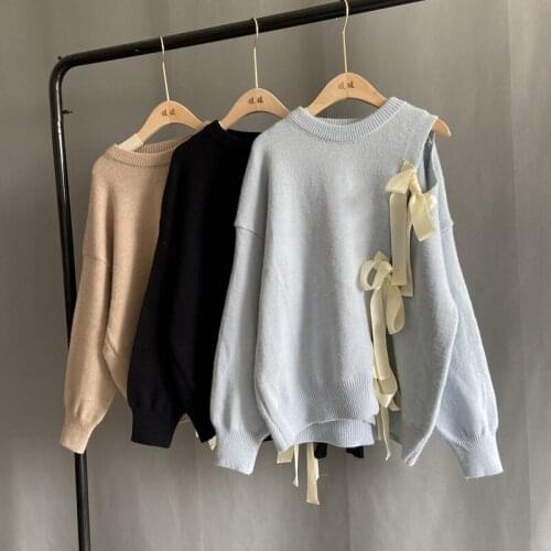 Sweet Lovely Bow Sweater Loose O-neck Long Sleeve Split Hollow-out Knitted Pullover Sweaters Spring 2021 Women