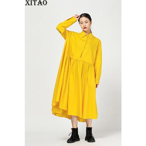 XITAO Pleated Plus Size Midi Dress Women Korea Fashion New 2021 Autumn Turn Down Collar Patchwork Elegant Minority Dress LJT4152