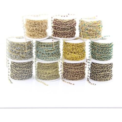 5Meter 11Color Choice 2mm Faceted Round Glass Beads Rosary Chains,Plated Gold Brass Wrapped Small Glass Beaded Necklace Chains