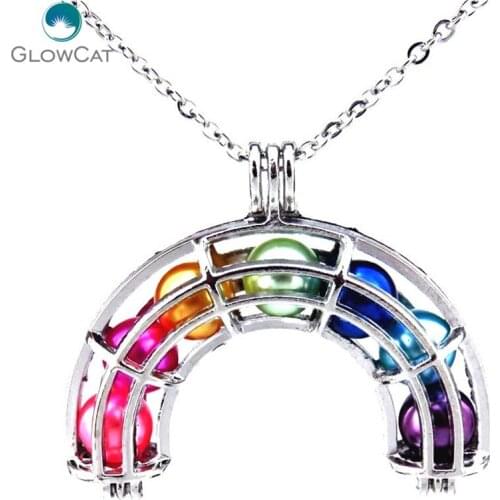 K408 Silver Big 36mm Rainbow Cage Necklace - Rainbow Locket - add 8X Beads as inner Aroma Essential Oil Diffuser Locket