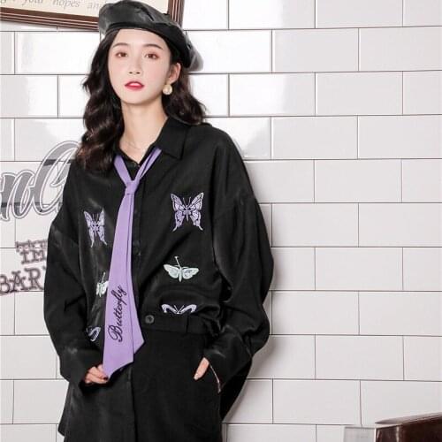Black Loose Long Sleeve Shirt Women Vintage Butterfly Embroidery Tie Design Tops And Blouses Korean Fashion