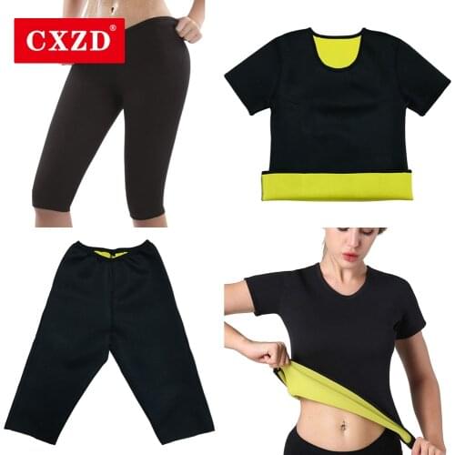 CXZD Womens Sweat Shaper T Shirt + Pant - Hot Thermo Slimming Shapewear Sauna Suit waist trainer Neoprene tummy shaper corset