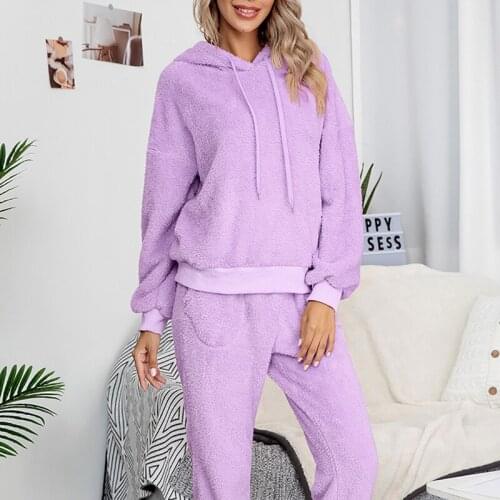 Double-Sided Fleece Home Wear Woman Casual Warm Sleepwear Clothes Fashion Two Piece Set Solid Color Hooded Sweater and Pants