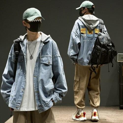 Spring Autumn Hooded Denim Jacket Mens Tooling Coat Fashion Trend Ins Handsome Youth Couple Loose Windbreaker Cowboy Outerwear